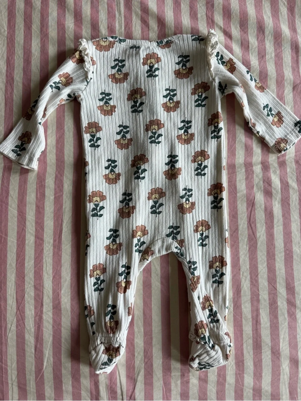 Baby Floral Footed One-Piece Romper - Cream with Brown Flowers